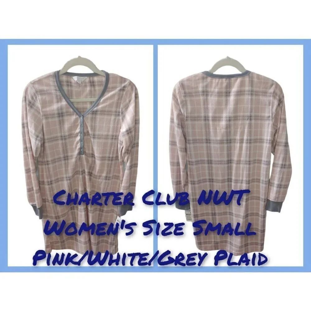 Charter Club Women's Size Small Pink/White/Grey Plaid Nightshirt.
